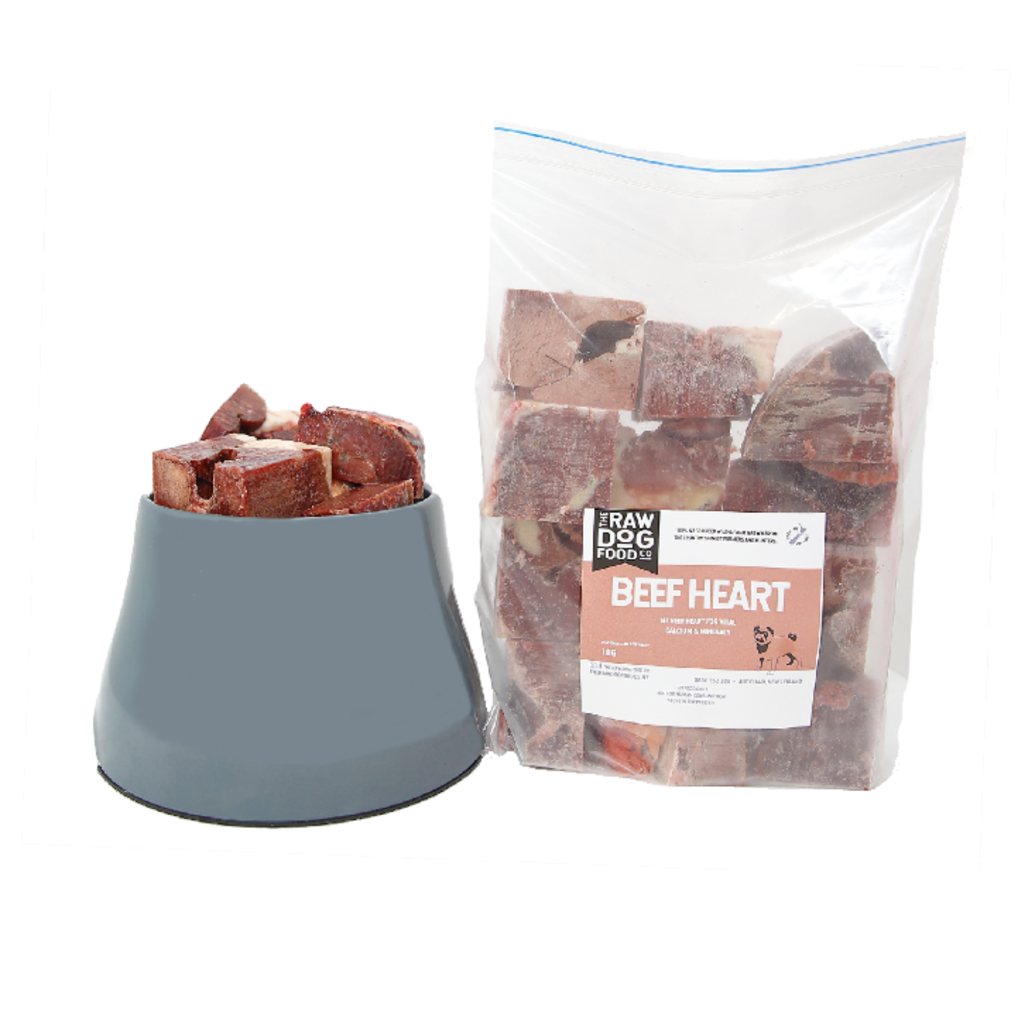 An image of a bag of Beef Heart and a bowl of Beef Heart intended for pet food consumption.