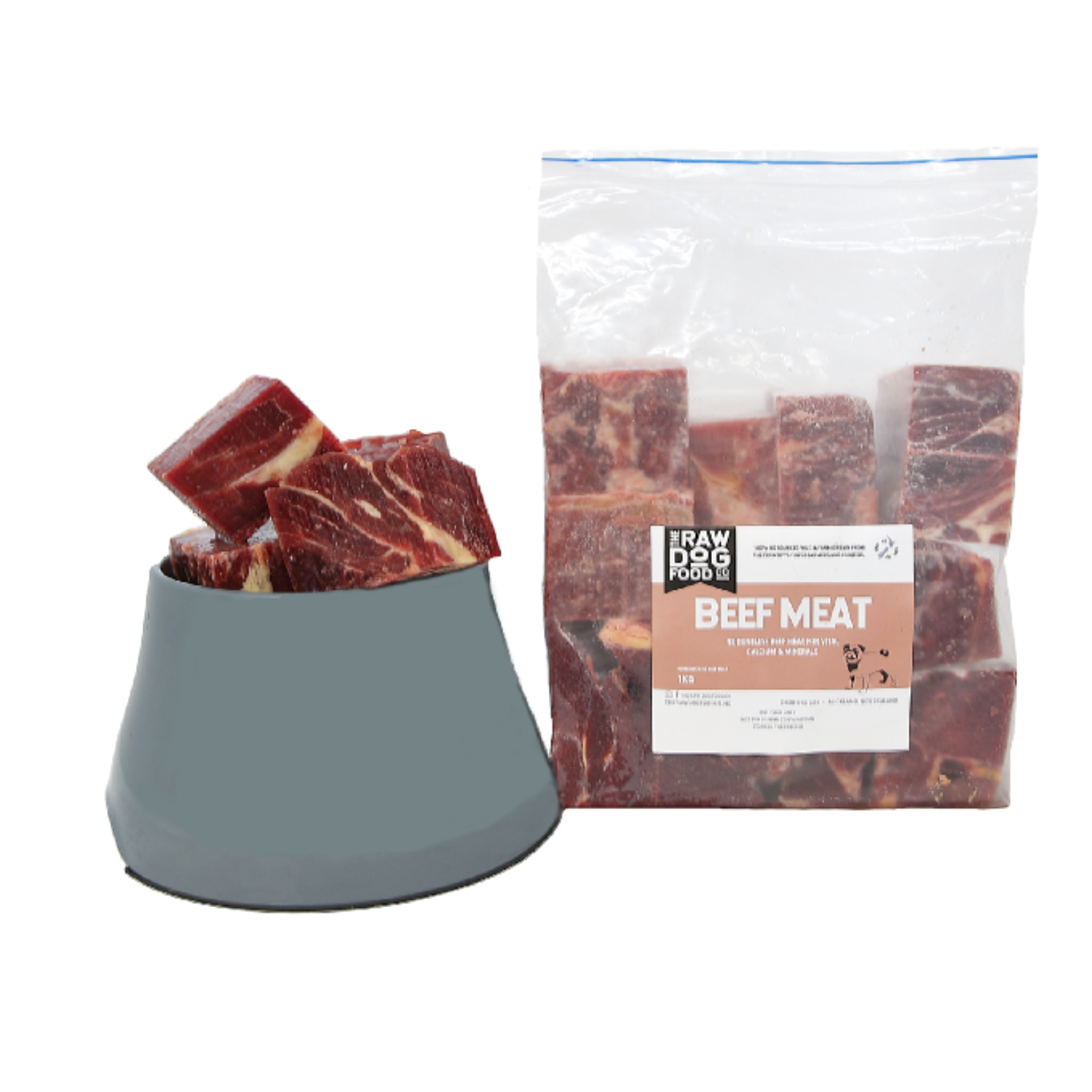 A packaged product labeled 'Beef MEAT' next to a bowl with pieces of beef inside, indicating that it is frozen boneless beef cubes intended for pet food.