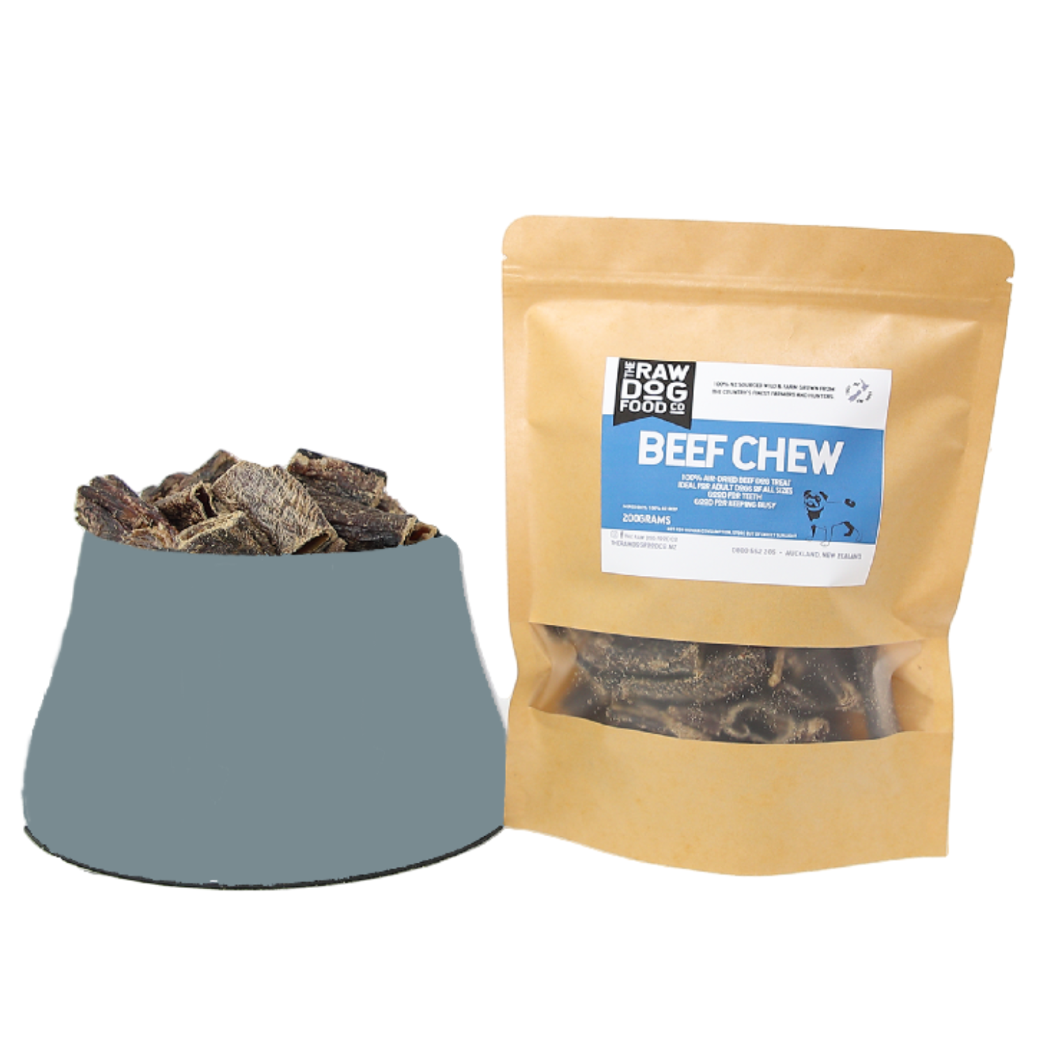 A package of air dried beef treats for dogs next to a bowl filled with the same treats.
