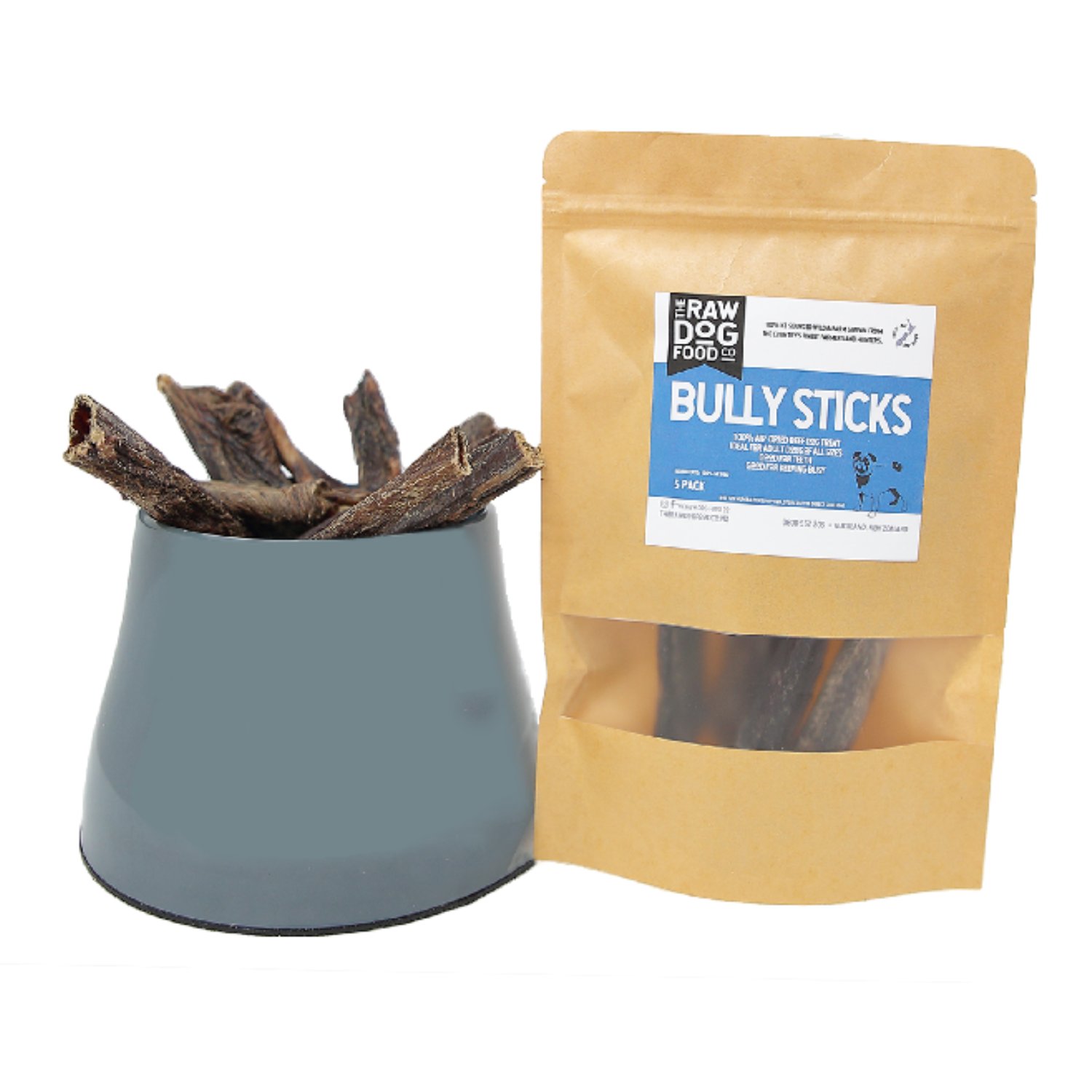 A pack of Raw Dog Food's Bully Sticks next to a bowl filled with air dried beef bully sticks, with a label on the packaging indicating '5 pieces included'.