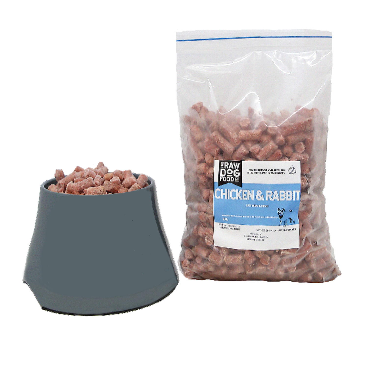 A bag of chicken and rabbit gourmet pet food pellets next to a bowl filled with the same food.