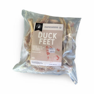 A packet of duck feet pet food.