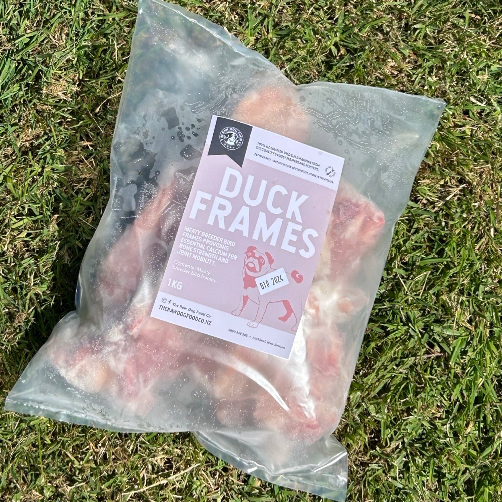 An image of a packet of frozen duck frames intended as pet food. 