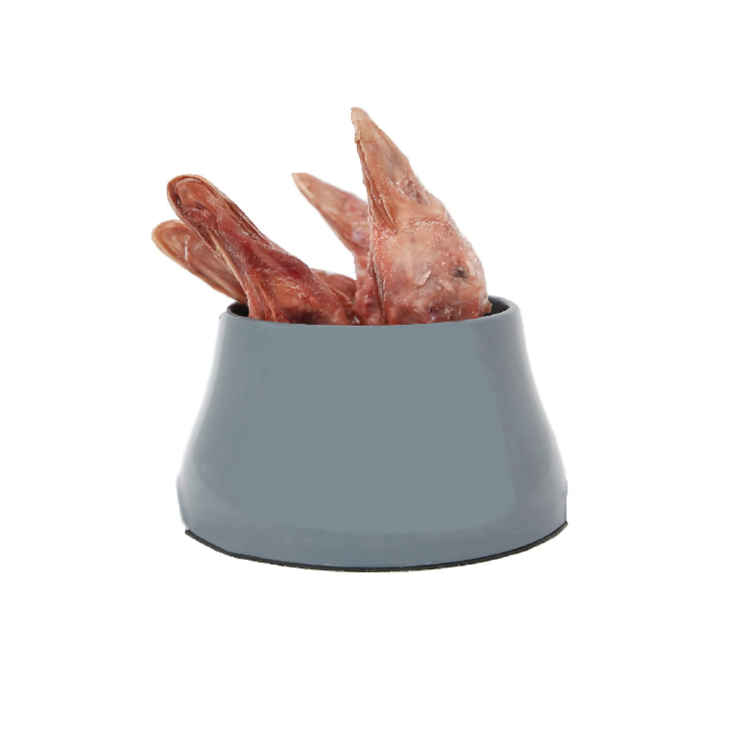 Two frozen duck heads in a gray pet bowl on a white background.