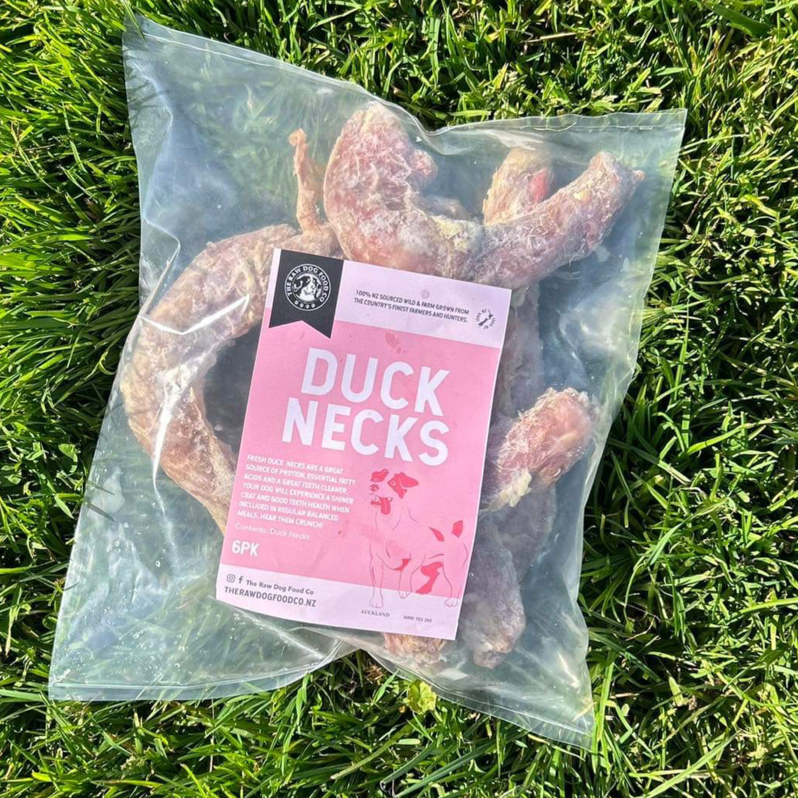 A packet of duck necks pet food.