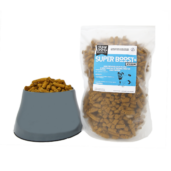A package of freeze-dried dog food branded 'Super Boost' next to a bowl filled with the same food.
