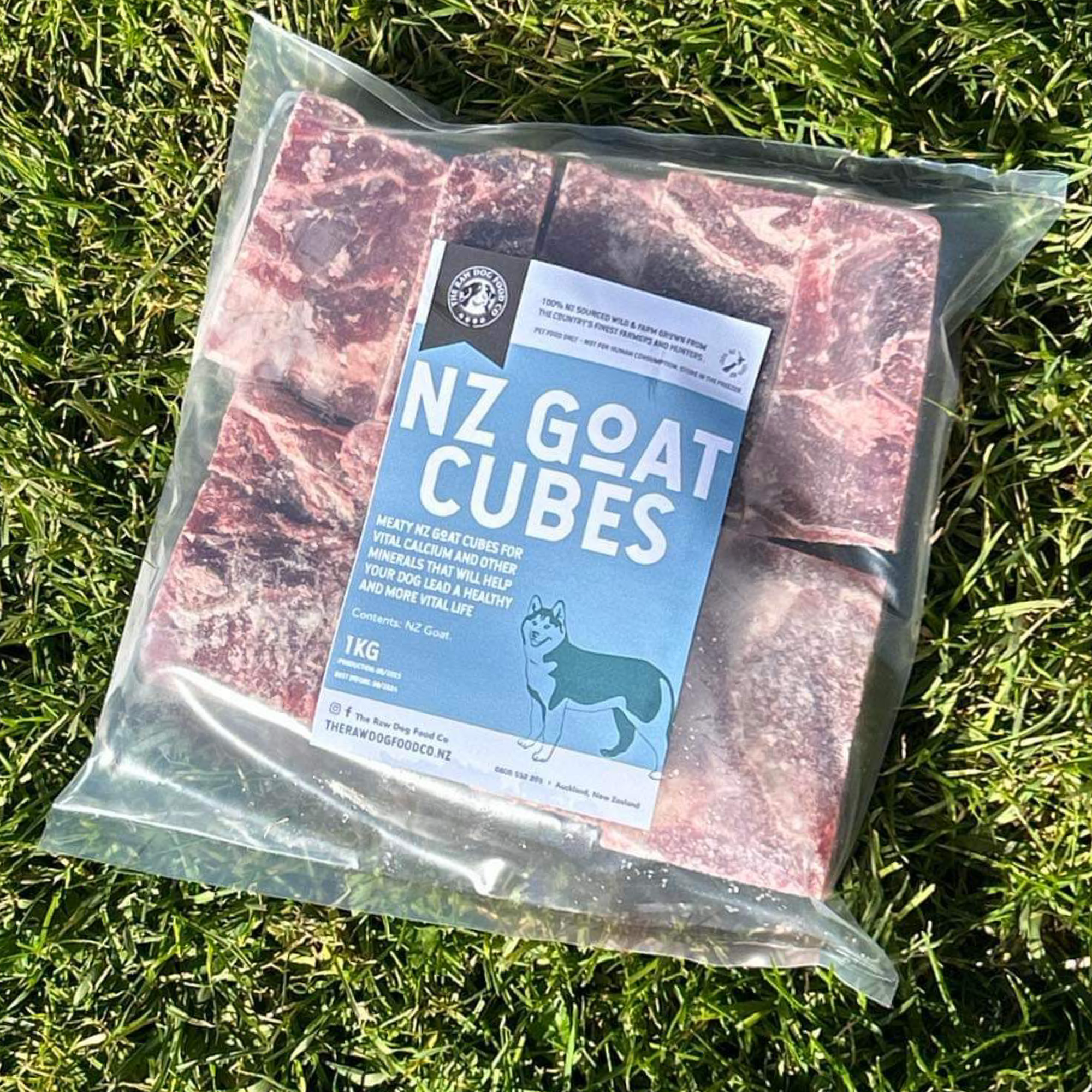 A bag of goat meat cubes for pets. 