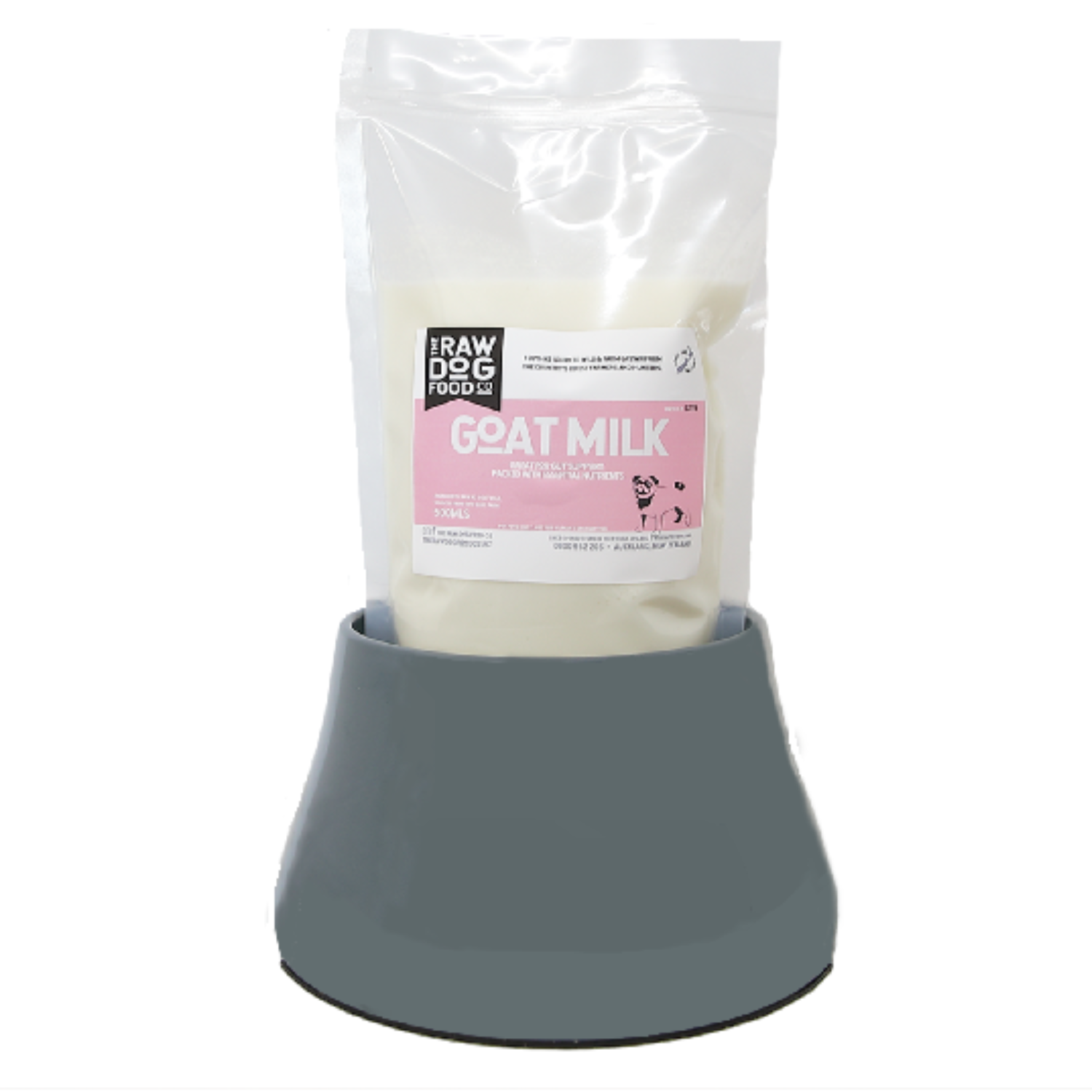 A sealed, white plastic bag labeled 'GOAT MILK' placed inside a gray pet bowl, suitable for pets.