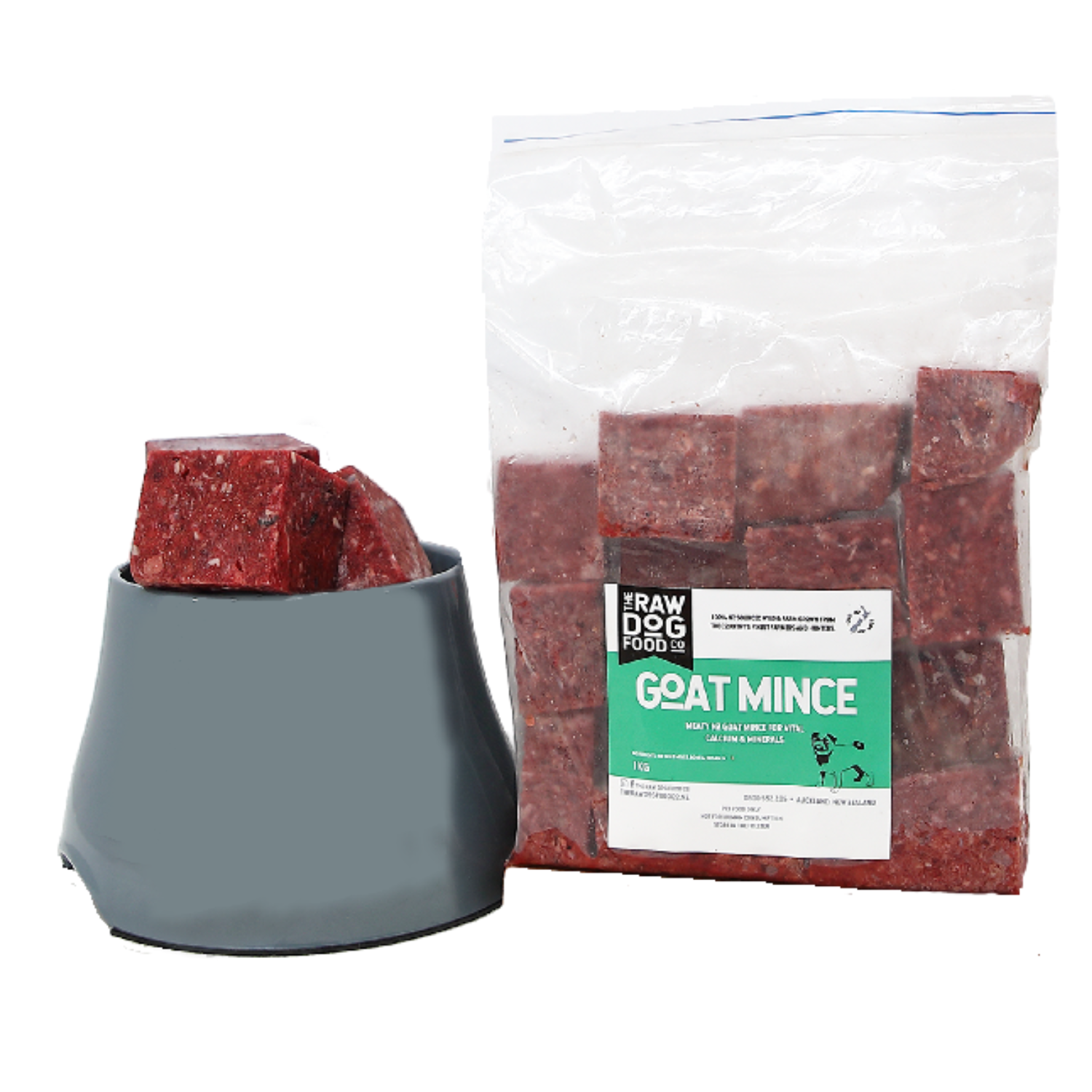 A package of frozen goat mince pet food next to a bowl with some mince visible, on a white background.