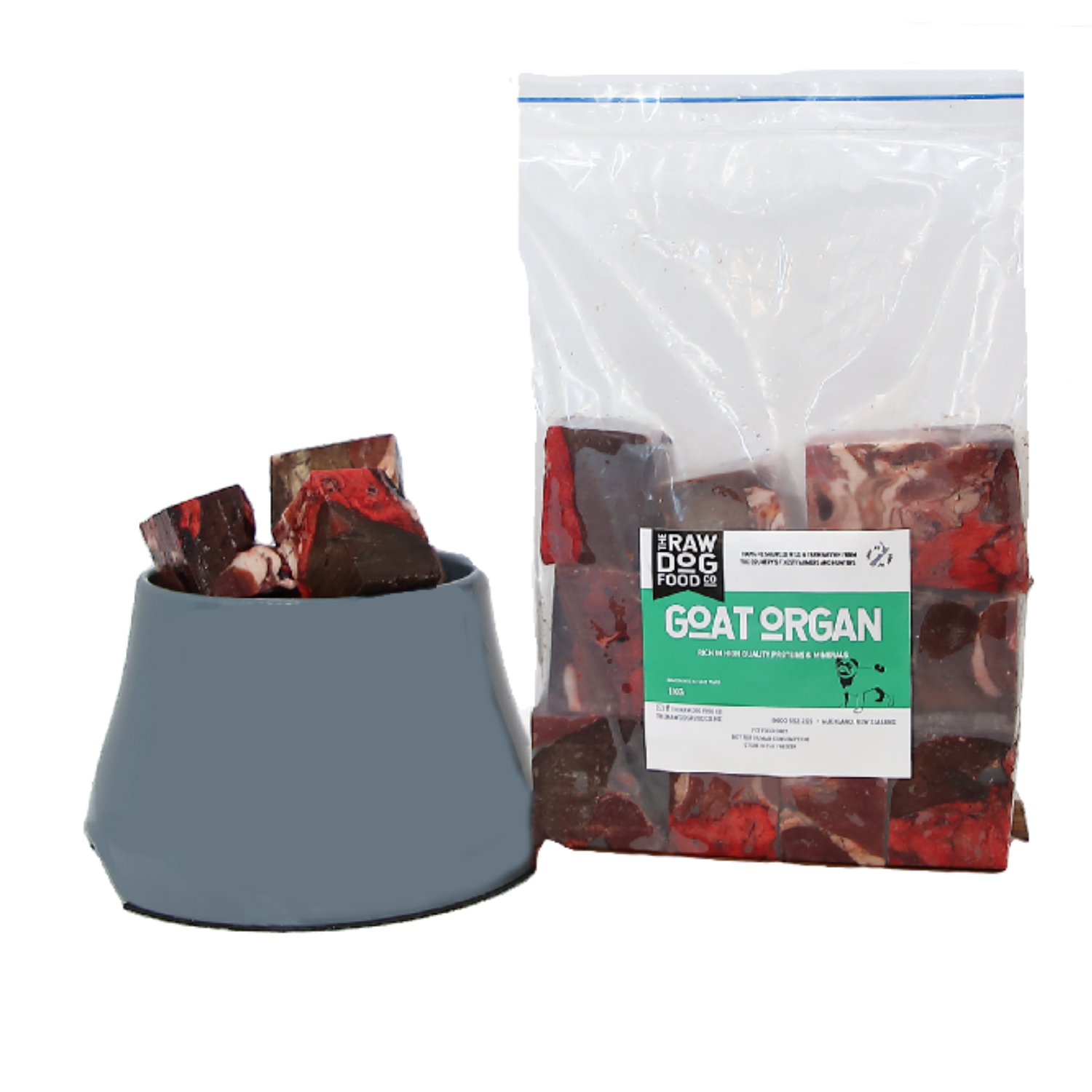 Packaged goat organ cubes in a clear plastic bag with a label, alongside a bowl with goat organ cubes visible inside it.