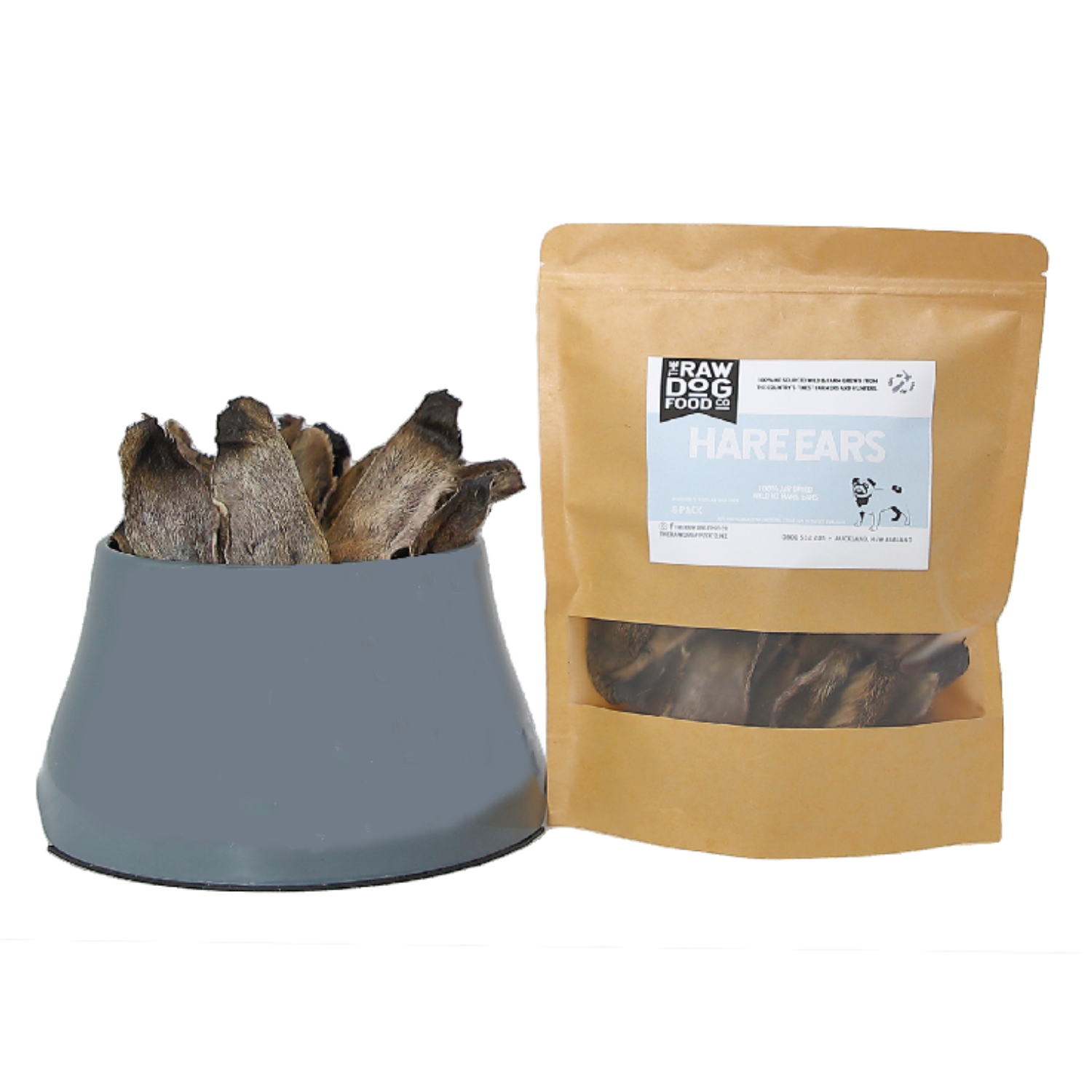 A bowl filled with air dried wild NZ hare ears for pets next to an open bag labeled 'hare ears' with the same product visible inside the bag.
