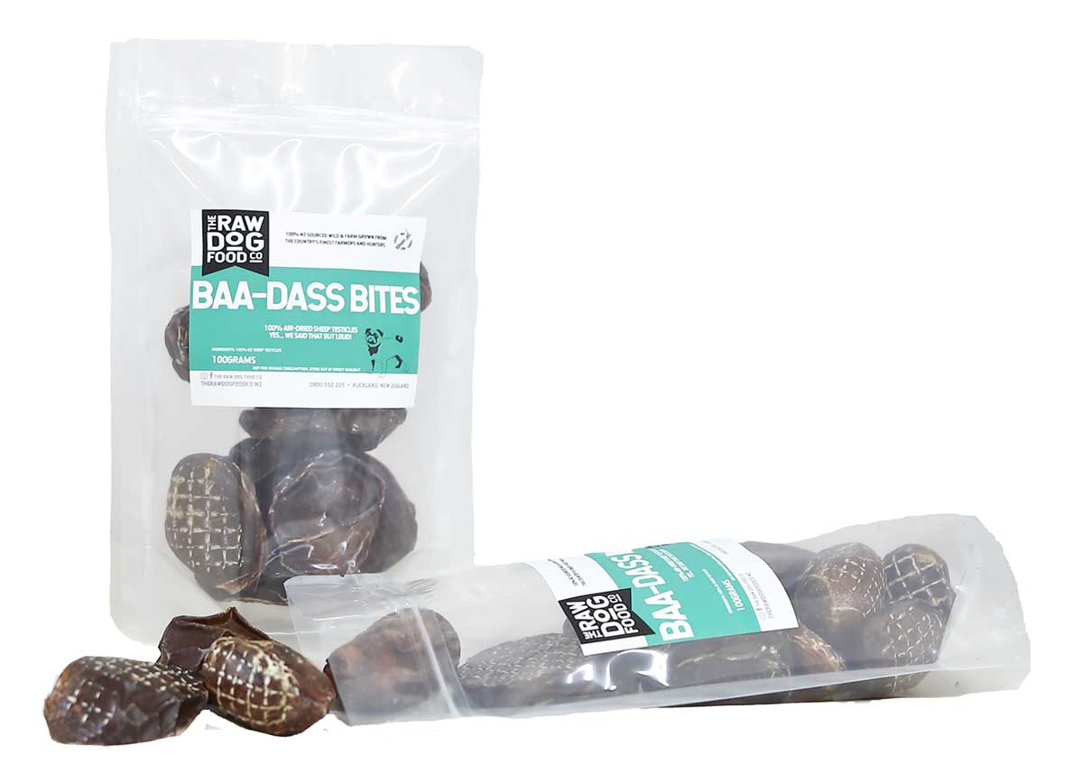 A picture of product packaging that holds sheep testicle dog treats