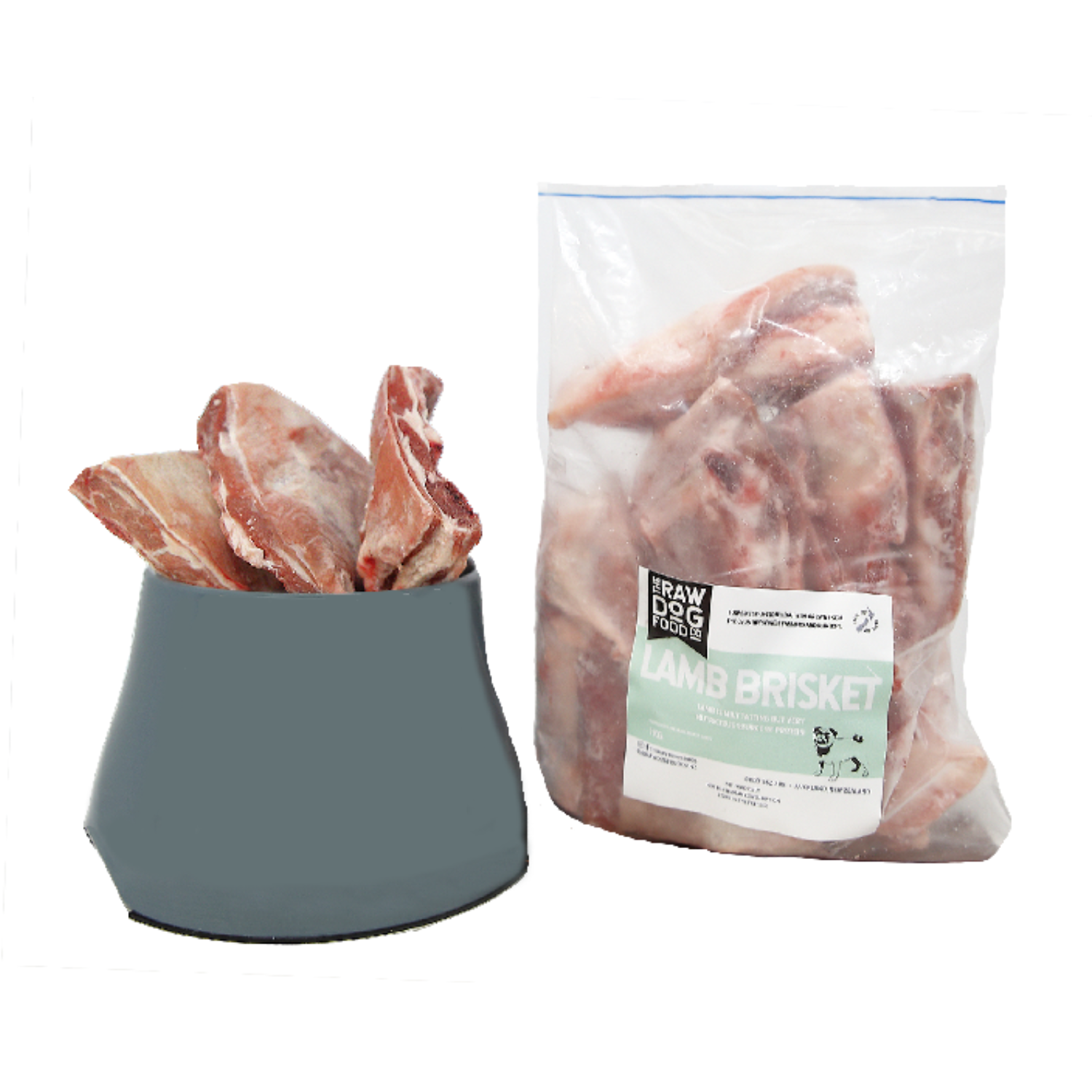 A packaged lamb brisket product for pets next to an open bag showing the actual lamb brisket inside.