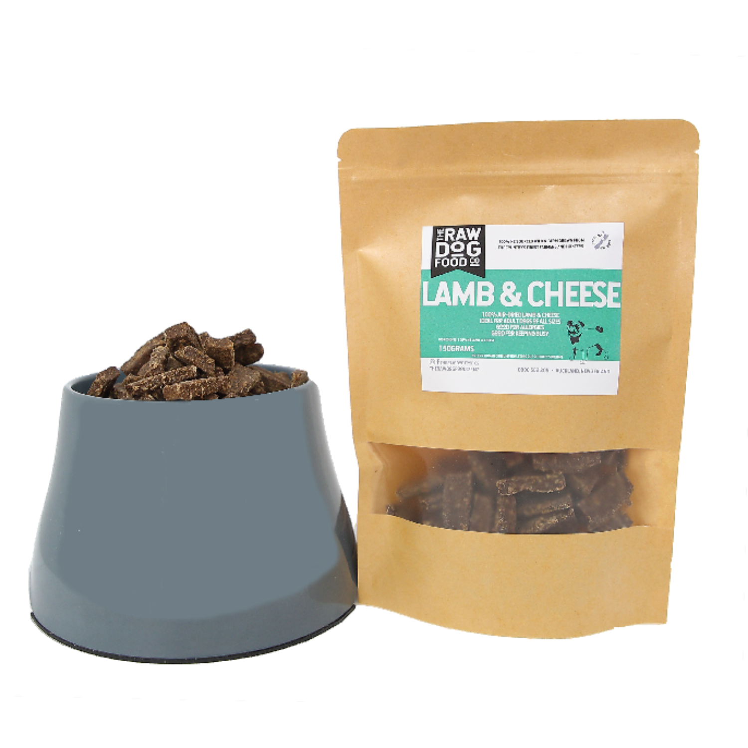 A package of Raw Dog Food Co. Lamb & Cheese Bites next to a bowl of the same product, showcasing the air-dried pieces of lamb and cheese.