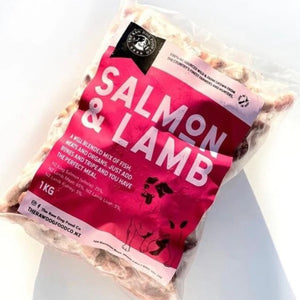 An image of a bag of Lamb and Salmon frozen pet food pellets. 