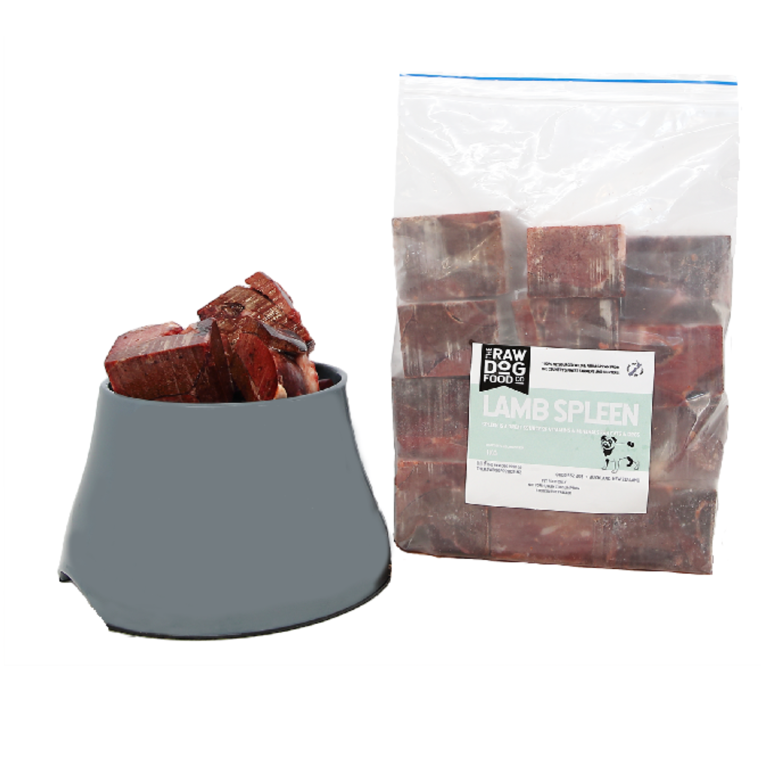 A package of frozen lamb spleen cubes next to a bowl filled with the same cubes, indicating it is pet food.
