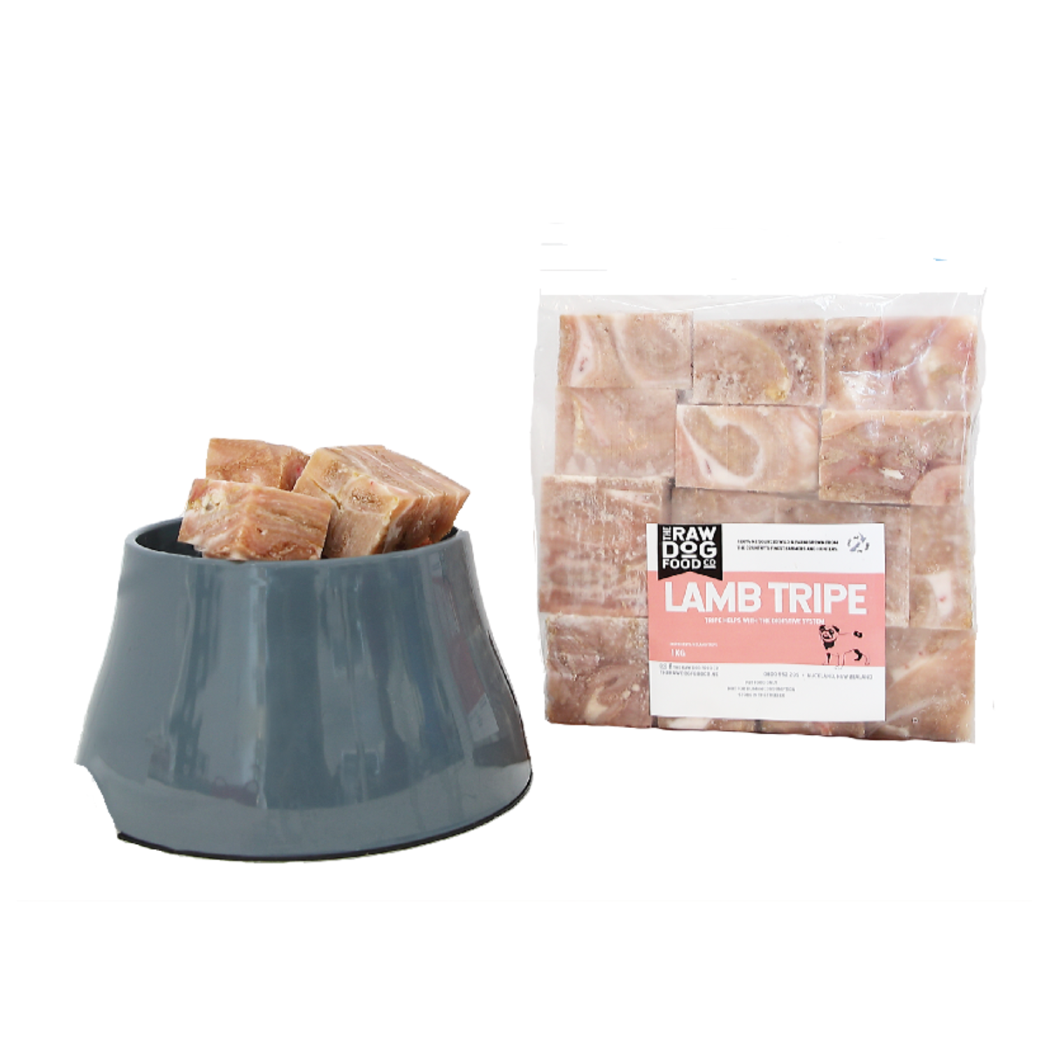 A package of frozen lamb tripe next to a bowl filled with the same product, meant for dog consumption.