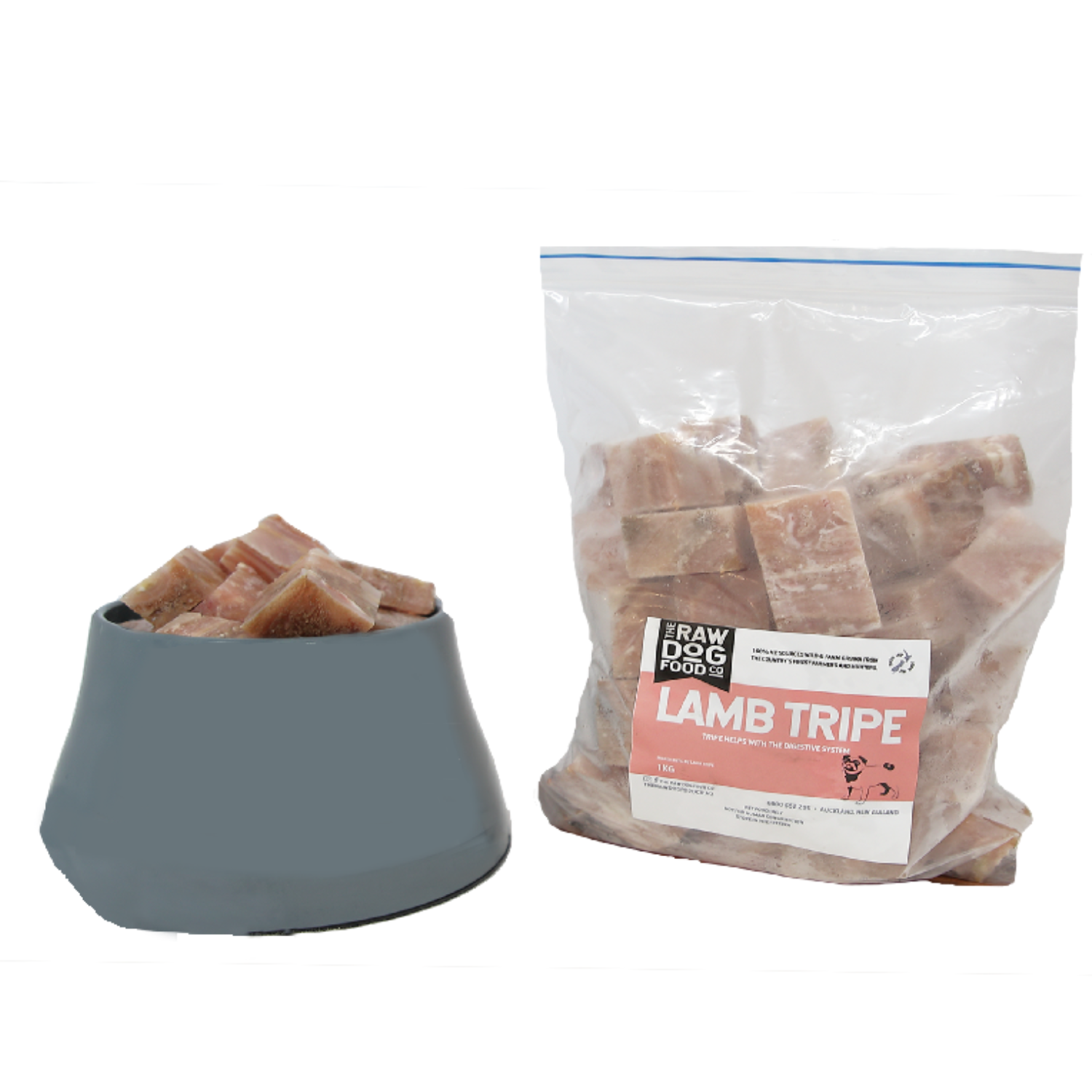 A package of Lamb Tripe Bites next to a bowl filled with the same bite-sized product.