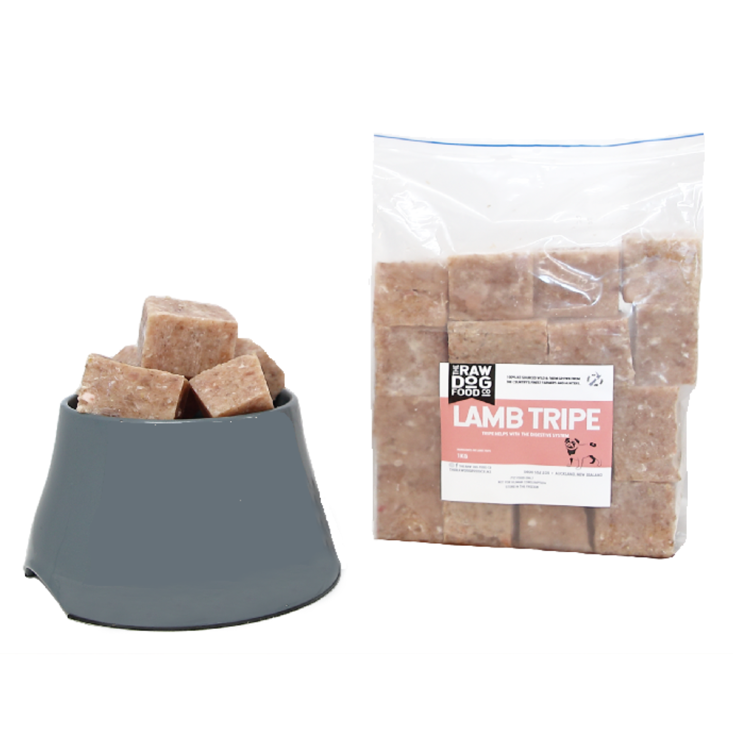 Packaged minced lamb tripe in a clear plastic bag next to a bowl filled with the product.