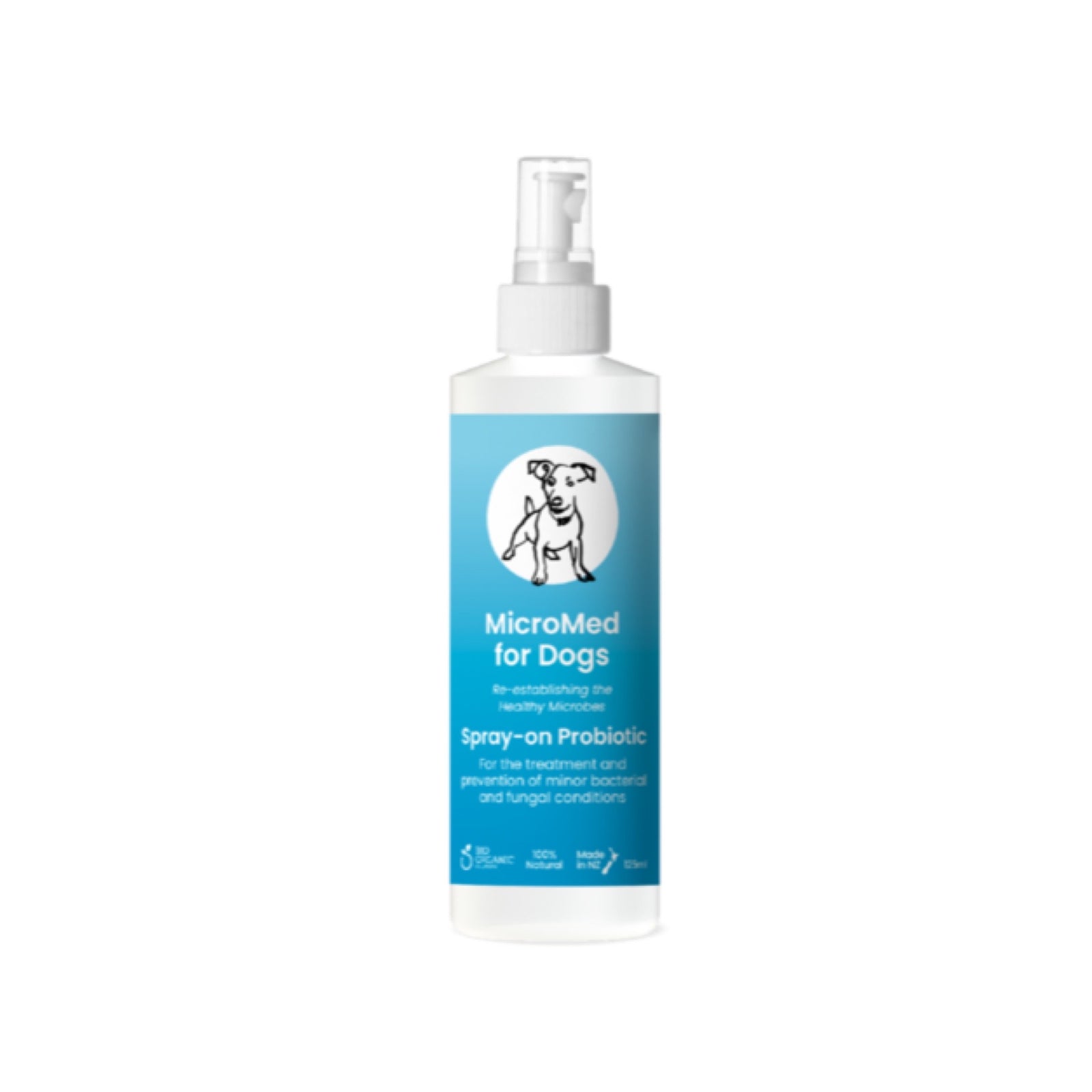 A bottle of MicroMed Topical spray with a label featuring a white and grey dog and text indicating it is a spray-on probiotic for dogs.