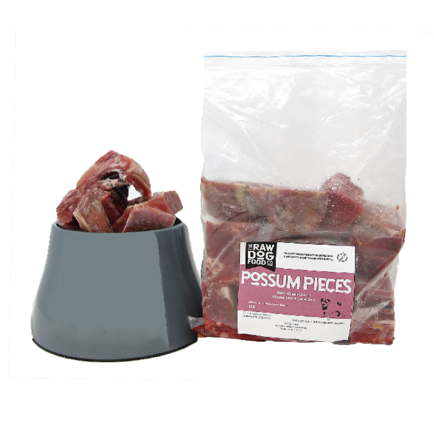 A packaged product labeled 'Possum Pieces' next to a bowl filled with similar pieces of meat sold as pet food.