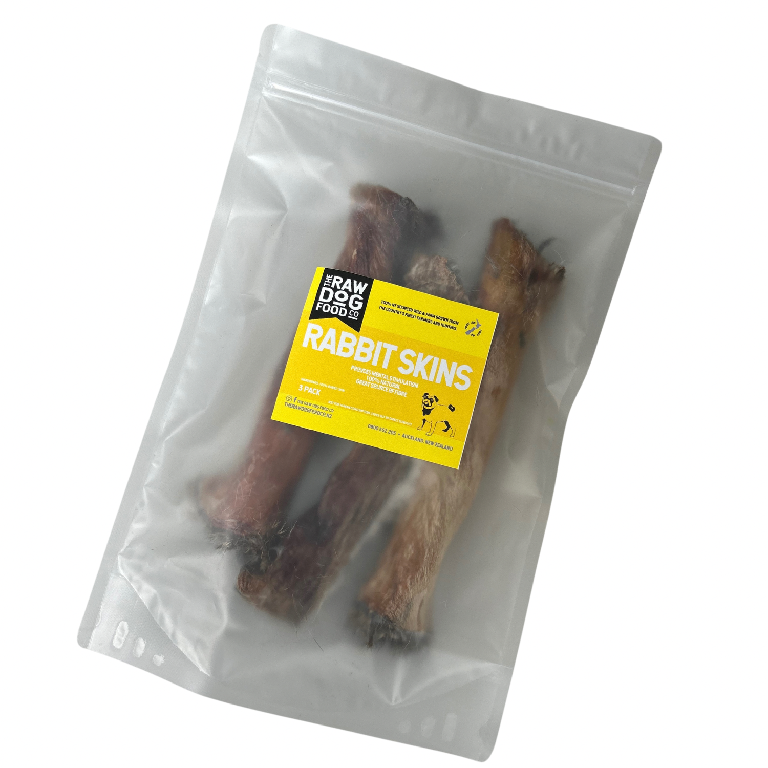 A product bag showing a 3pack of rabbit skins