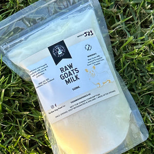 A picture of a packet of raw goats milk for pets.