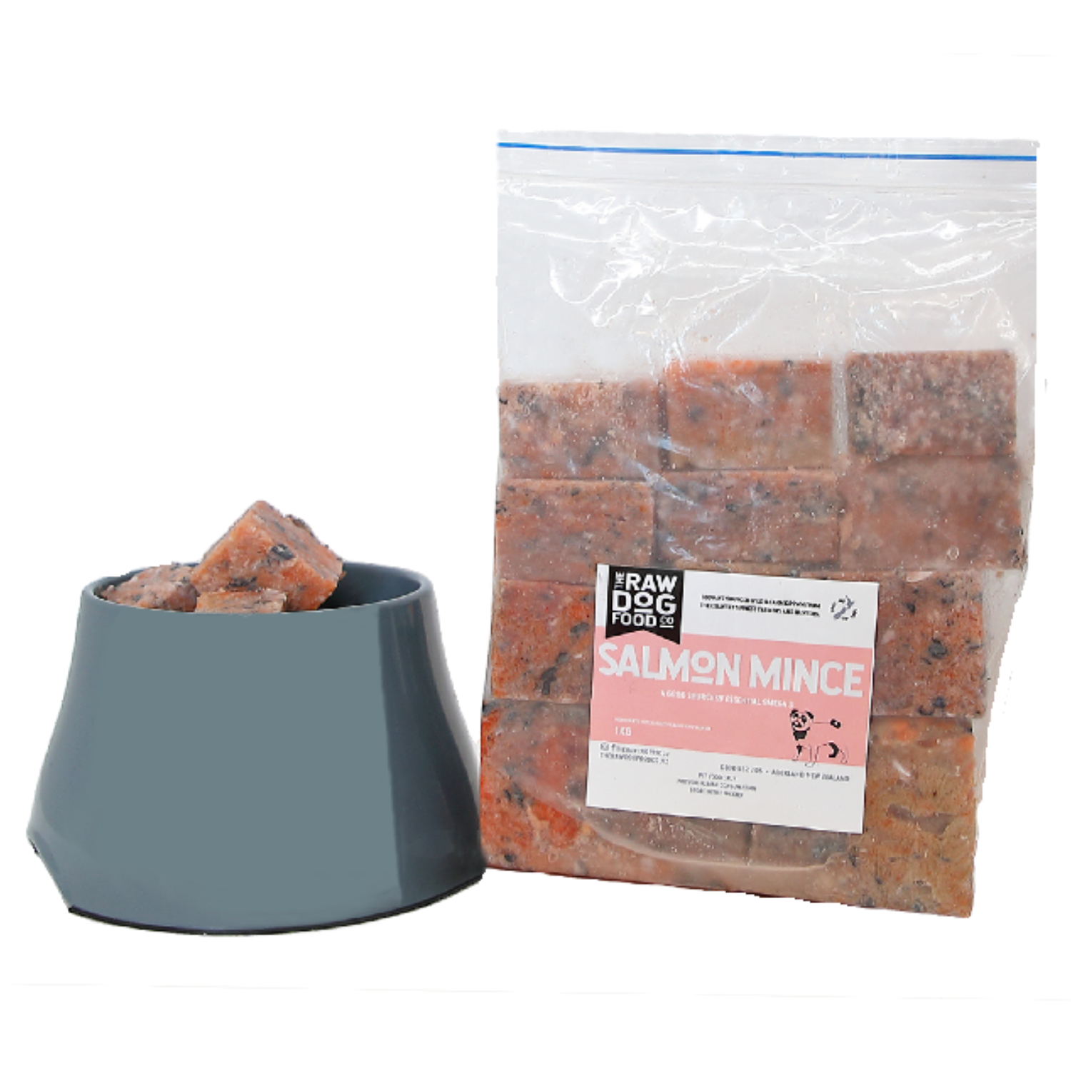 A plastic bag labeled 'Salmon Mince' for pet food next to a bowl filled with minced salmon cubes.