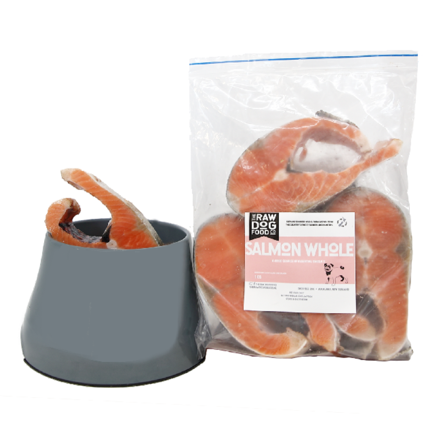 A packaged product displaying sliced salmon steaks alongside a gray bowl, indicating the product is pet food.