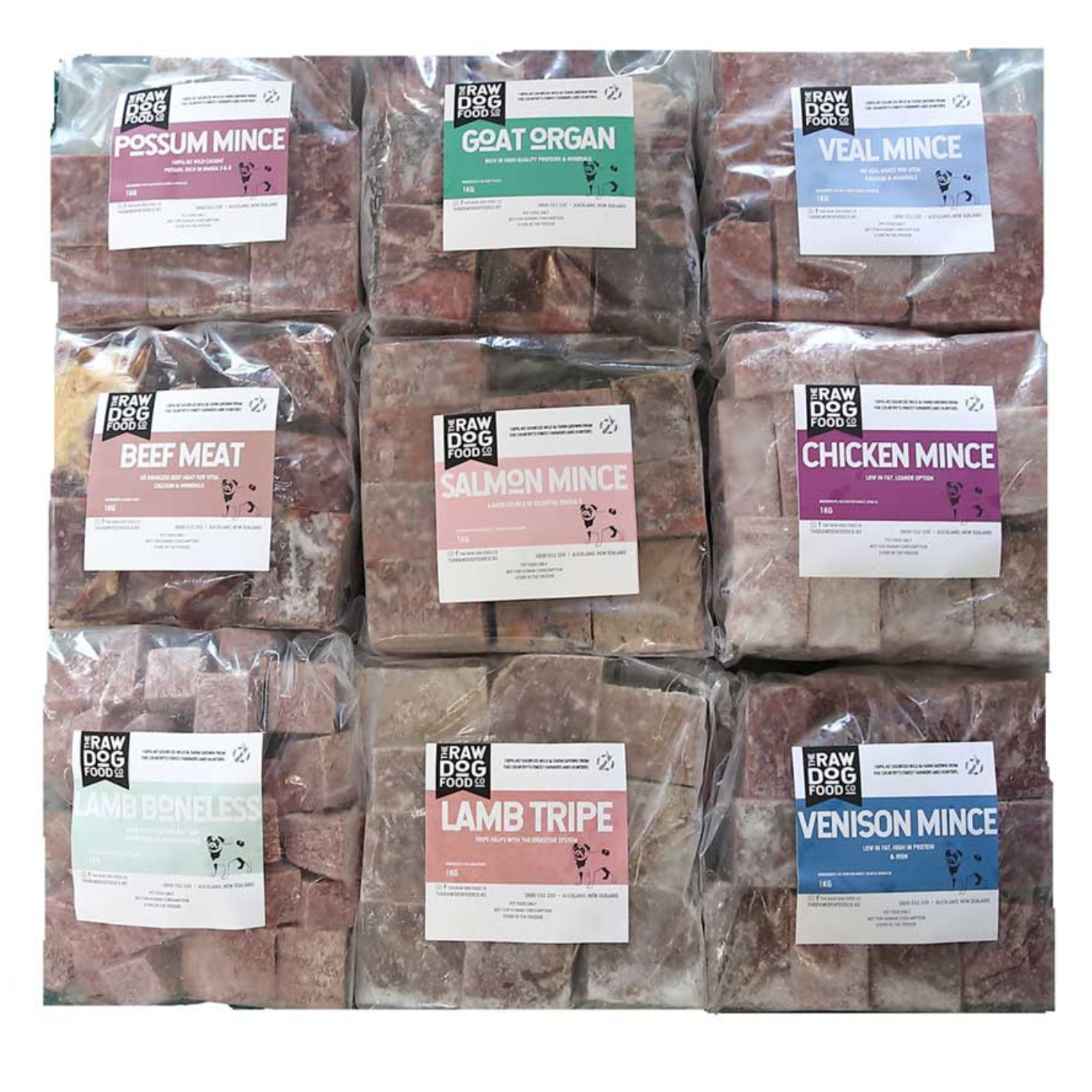 A collection of frozen dog food packages in various flavors, including beef, chicken, lamb, and venison, among others, labeled as 'Starter Box'.