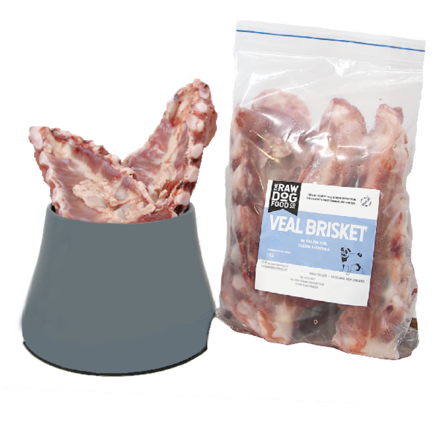 A packaged veal brisket bone beside an unwrapped veal brisket bone placed in a pet food bowl.
