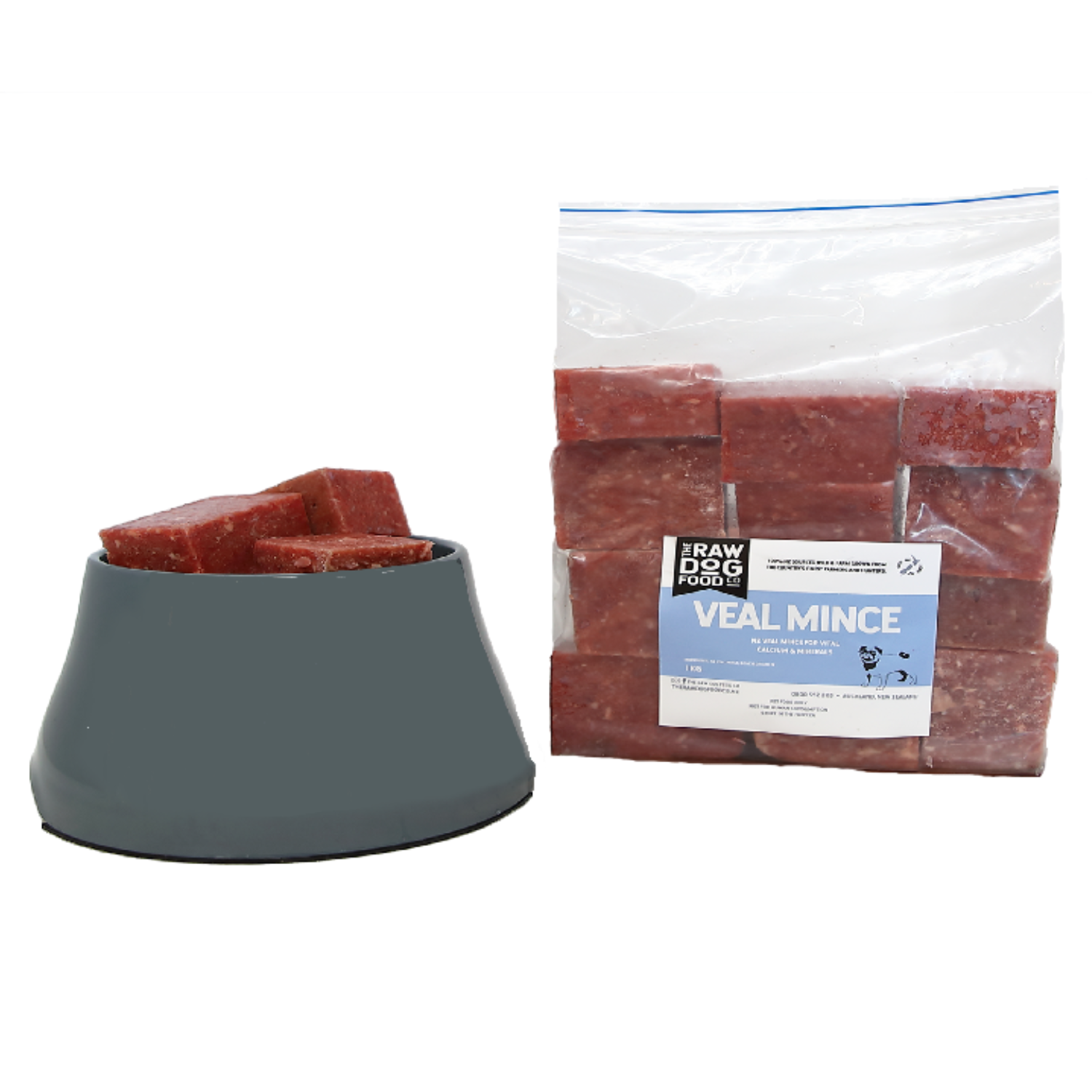 A packaged product labeled 'VEAL MINCE' next to a bowl filled with the same product, indicating it is raw dog food.