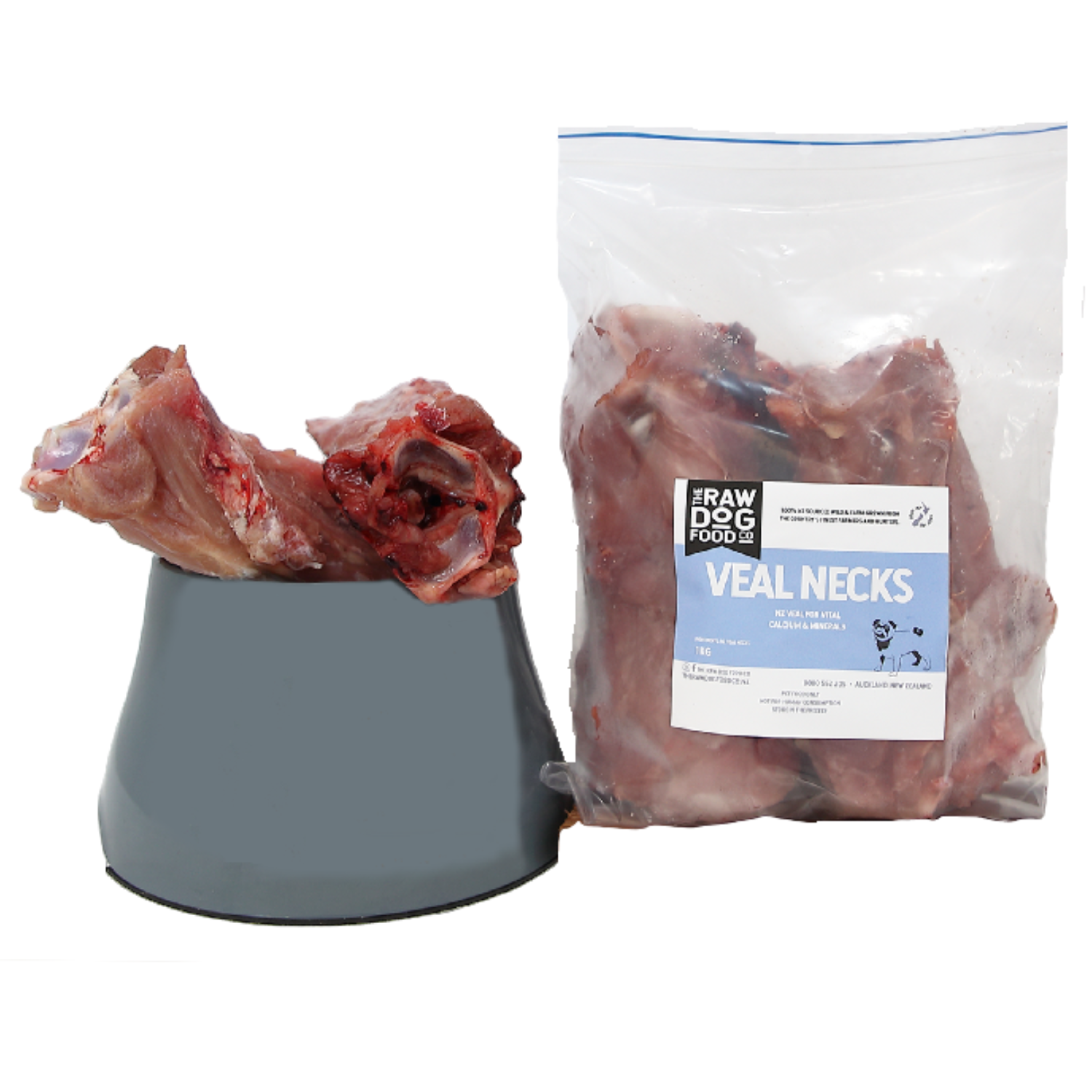 An image of a packet and a bowl of veal neck bones for pet food.