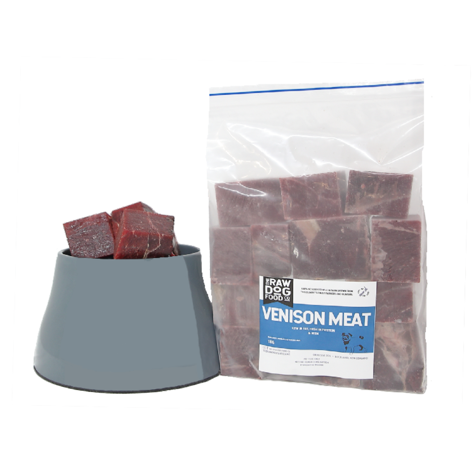 A package of venison meat cubes next to a bowl, indicating intended use for pet food.