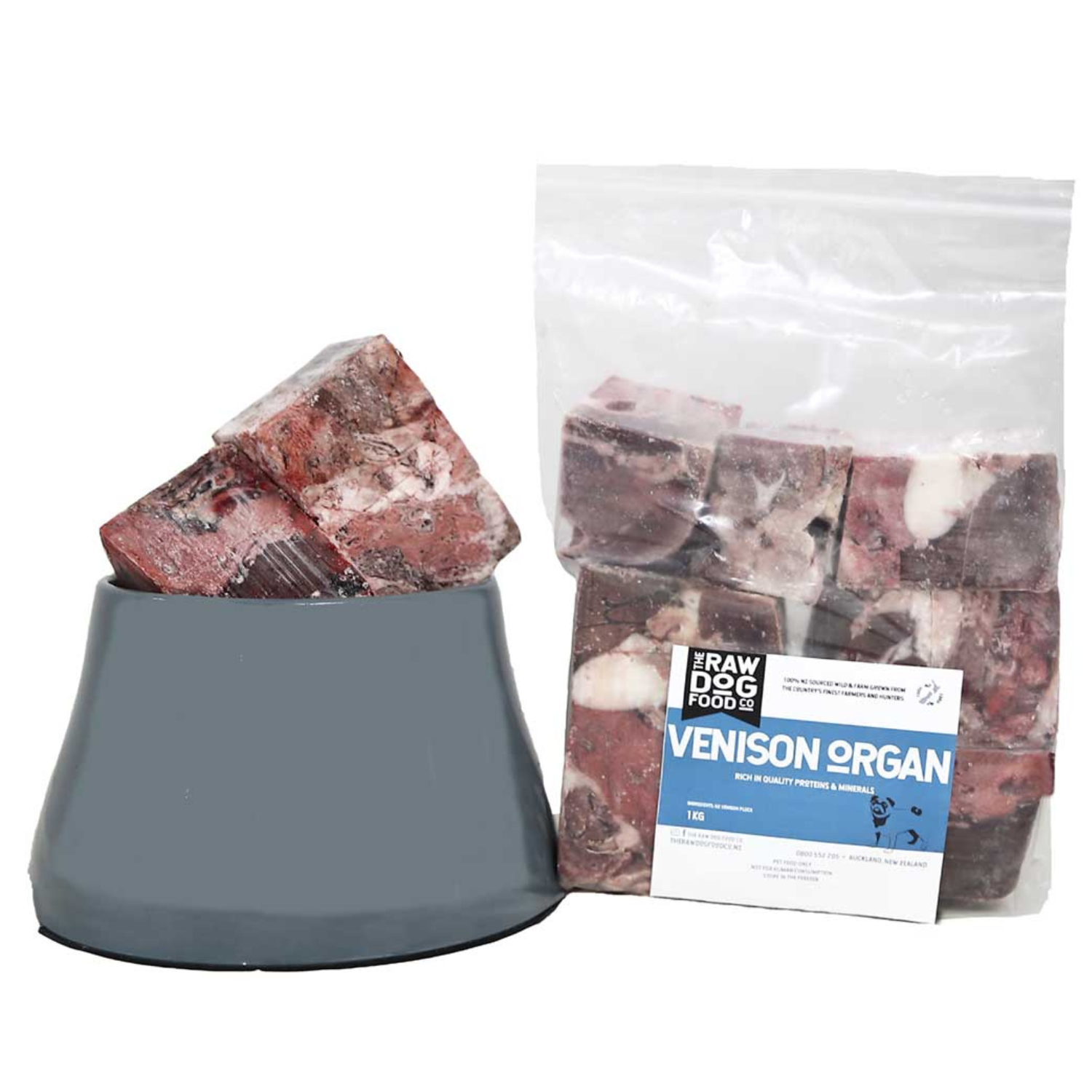Frozen Venison Organ Cubes in a gray bowl next to a packaging bag labeled 'VENISON ORGAN'.