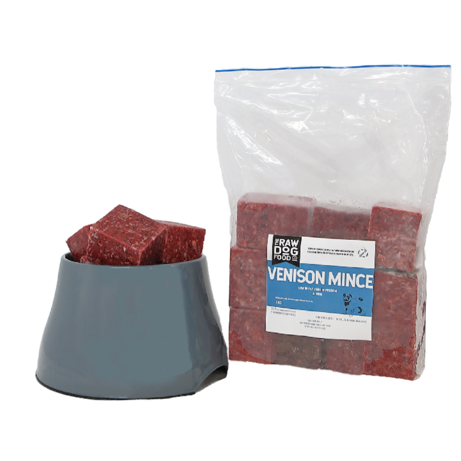 A plastic bag labeled 'VENISON MINCE' next to a bowl filled with minced venison cubes.