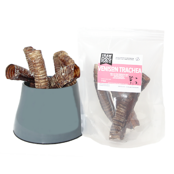 Packaging and bowl displaying air-dried venison trachea pieces as a pet treat.