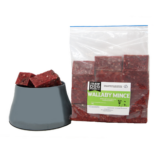 A package of Wallaby Mince pet food next to a bowl, indicating the product is meant for animals.
