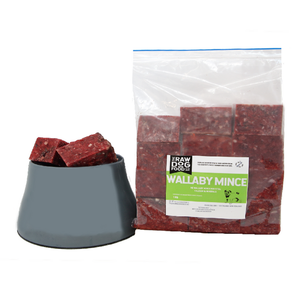 A package of Wallaby Mince pet food next to a bowl, indicating the product is meant for animals.
