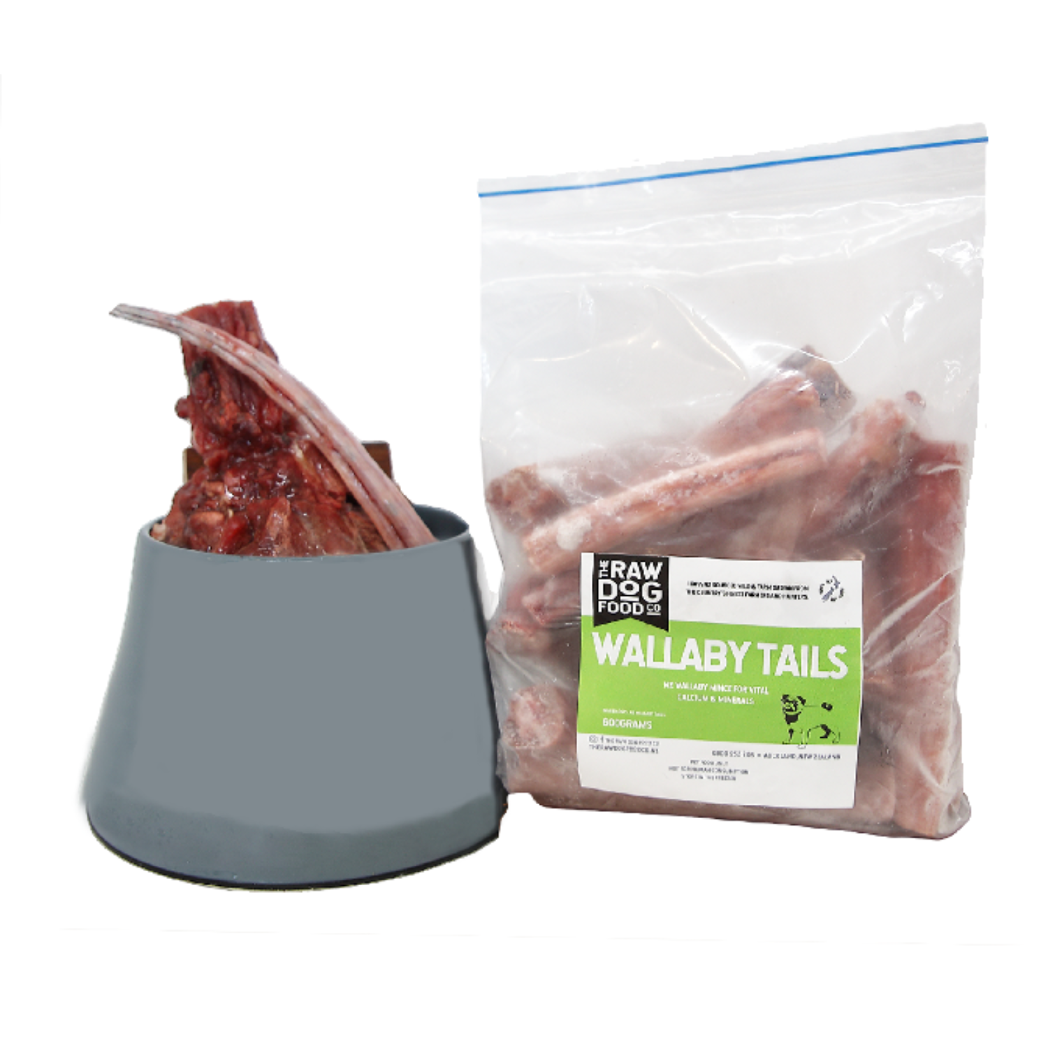 A package of wallaby tails next to a bowl, indicating the product is pet food.
