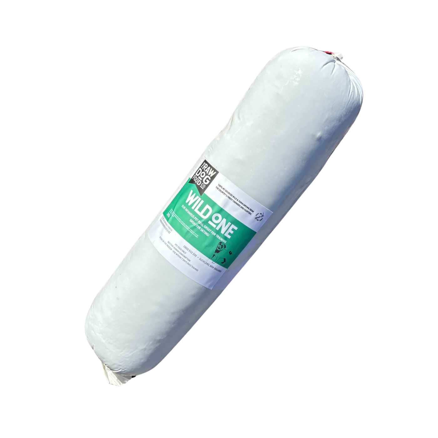 A sealed, frozen roll of wild game pet roll labeled 'WILD ONE' on a white background available at the raw dog food co.
