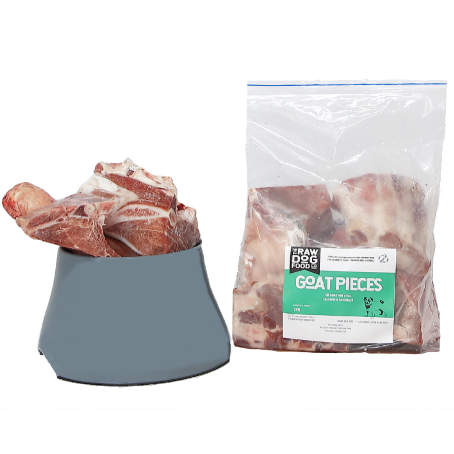A package of frozen goat pieces for dogs with bone attached, placed next to an open bowl filled with the same meat.