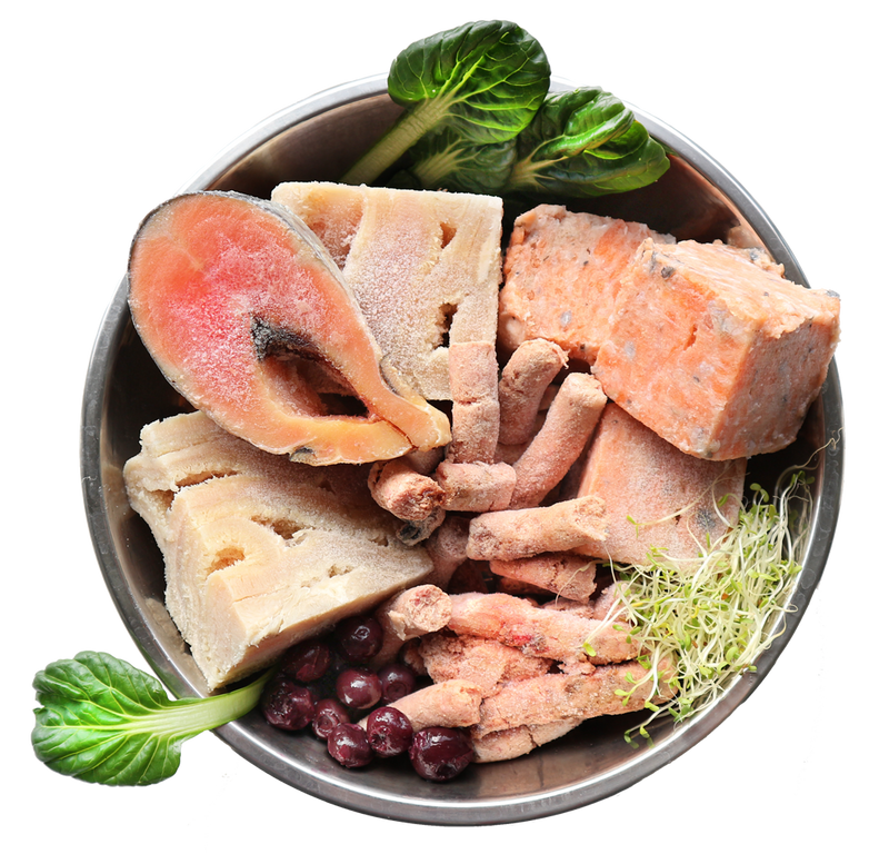 A bowl of frozen dog food which includes various proteins like meat and offal.