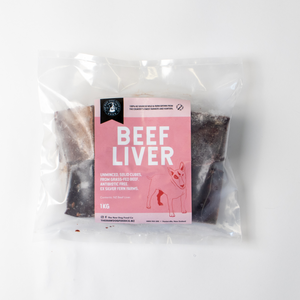 A packet of frozen beef liver intended for pet food consumption.