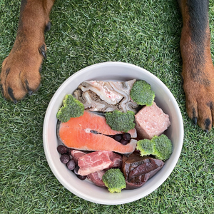 An image of a dogs dinner bowl that contains beef liver. 
