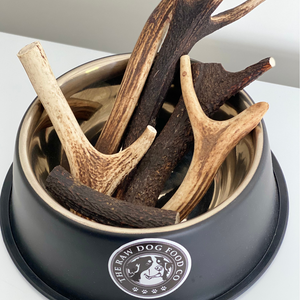 A picture of a bowl of deer antlers sourced in NZ and targeted as a treat for dogs. 