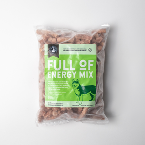 An image demonstrating a bag of raw food in pellet form suited to dogs that require energy from food.