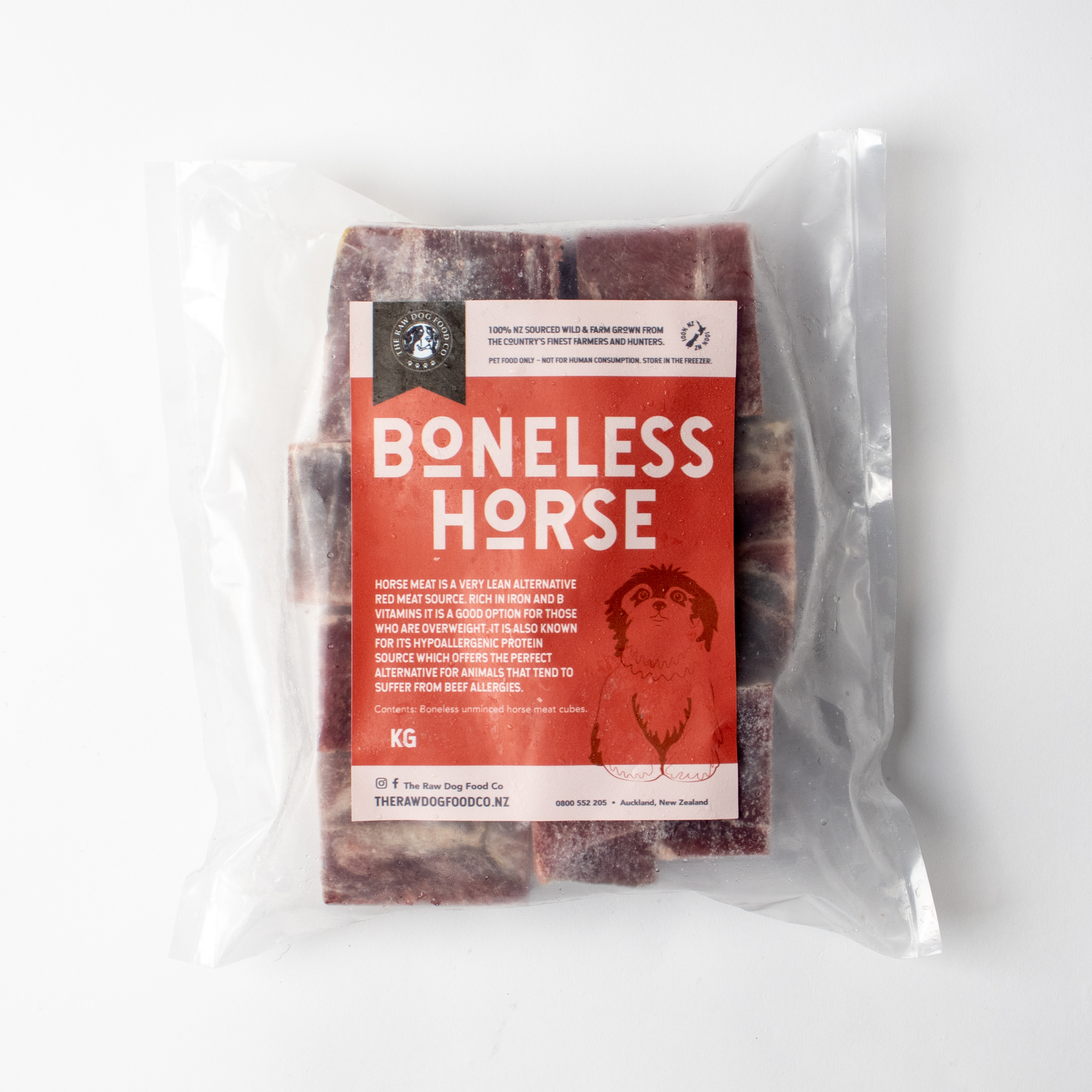A packet of frozen horse meat for dog food.