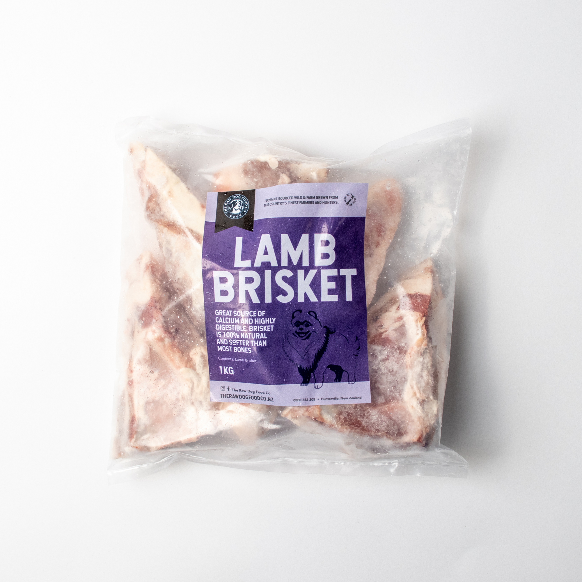 A picture of a bag of lamb brisket frozen, suitable for pet food.