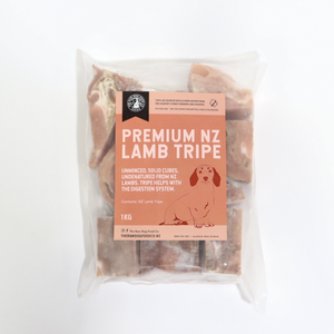 An image of a packet of frozen lamb tripe intended for pet food consumption.